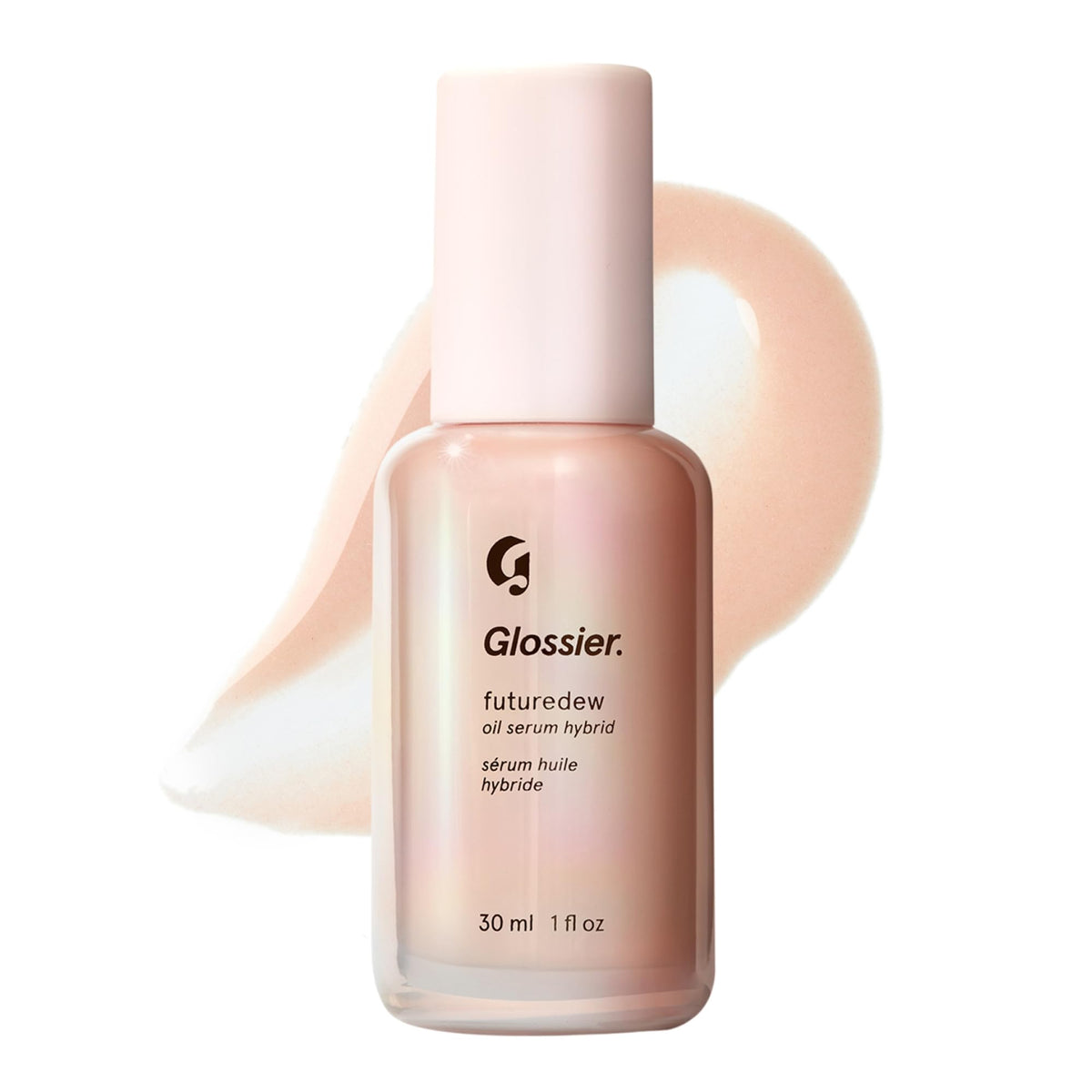 Glossier Futuredew front packaging showing 1 fl oz bottle and label benefit