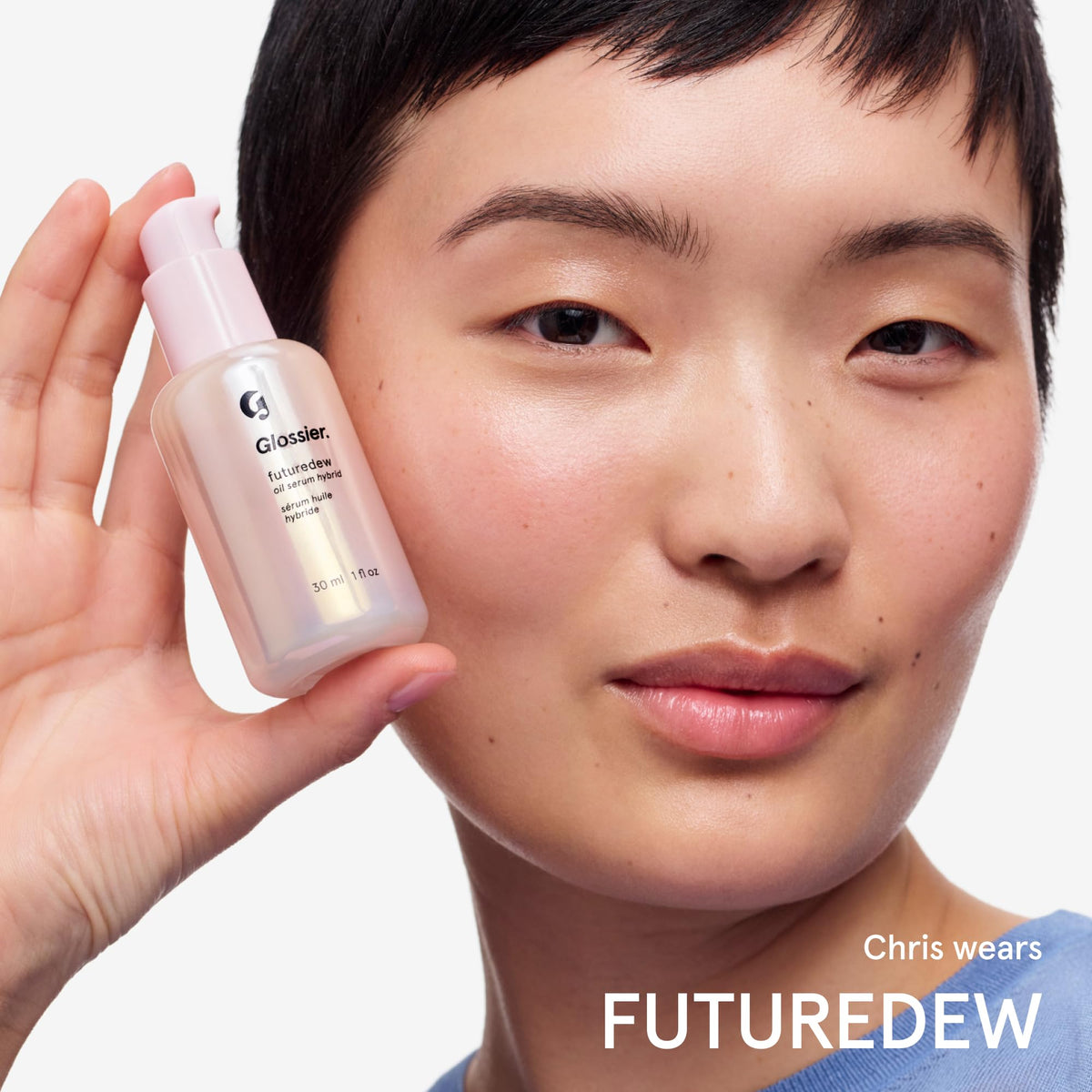 Glossier Futuredew on bathroom counter in lifestyle scene showing daily routine convenience benefit