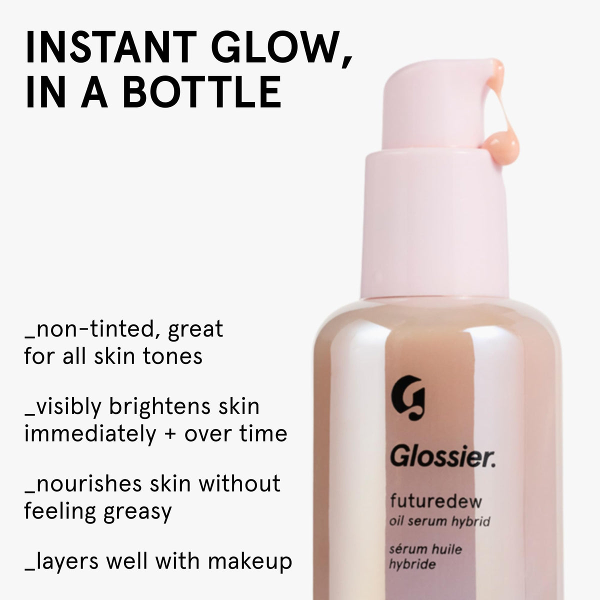 Close-up of Glossier Futuredew pump head illustrating easy dispensing benefit