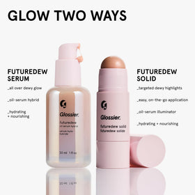 Glossier Futuredew beneath foundation showcasing enhanced dewy makeup finish benefit