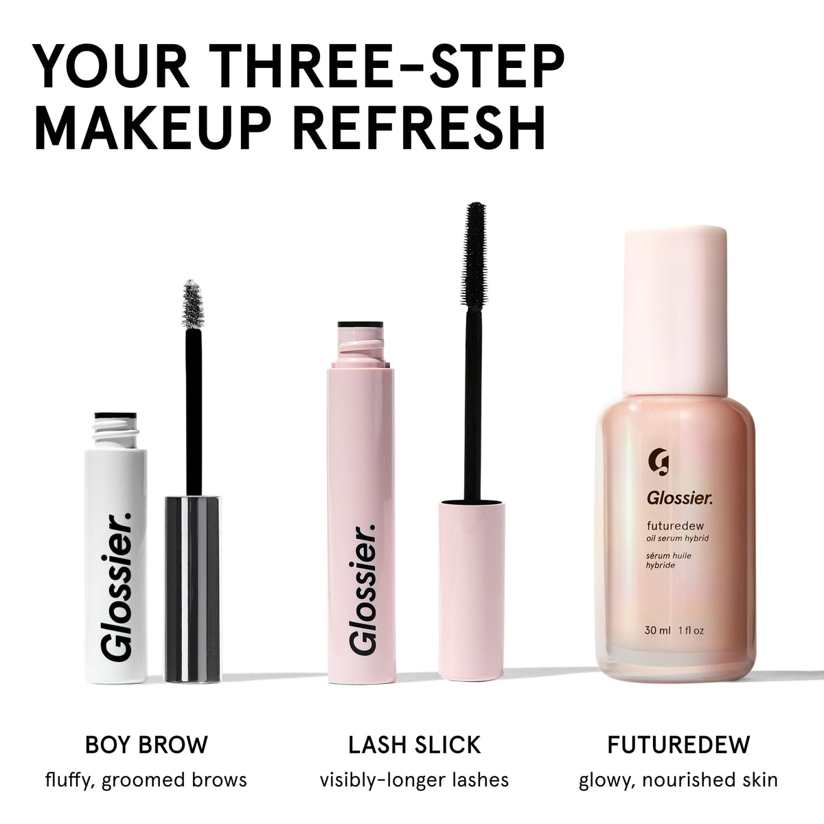 Glossier Lash Slick back label close-up listing ingredients and conditioning peptides for lash care