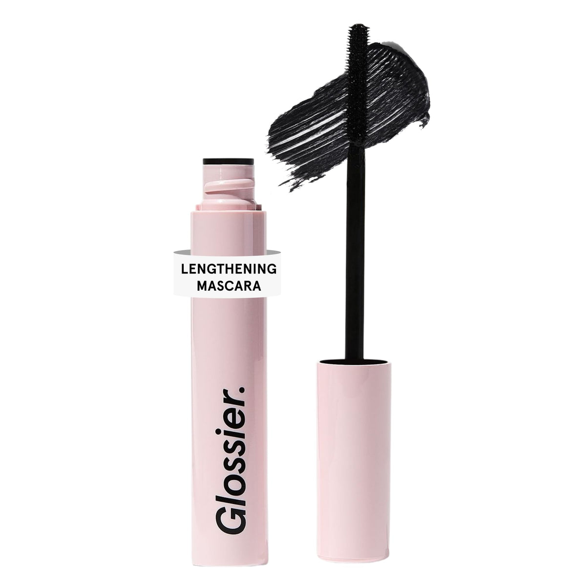 Glossier Lash Slick front packaging showing slim tube and True Black finish benefit of travel-ready design