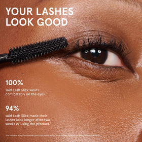 Glossier Lash Slick applied on model closed eye highlighting lifted, separated lashes