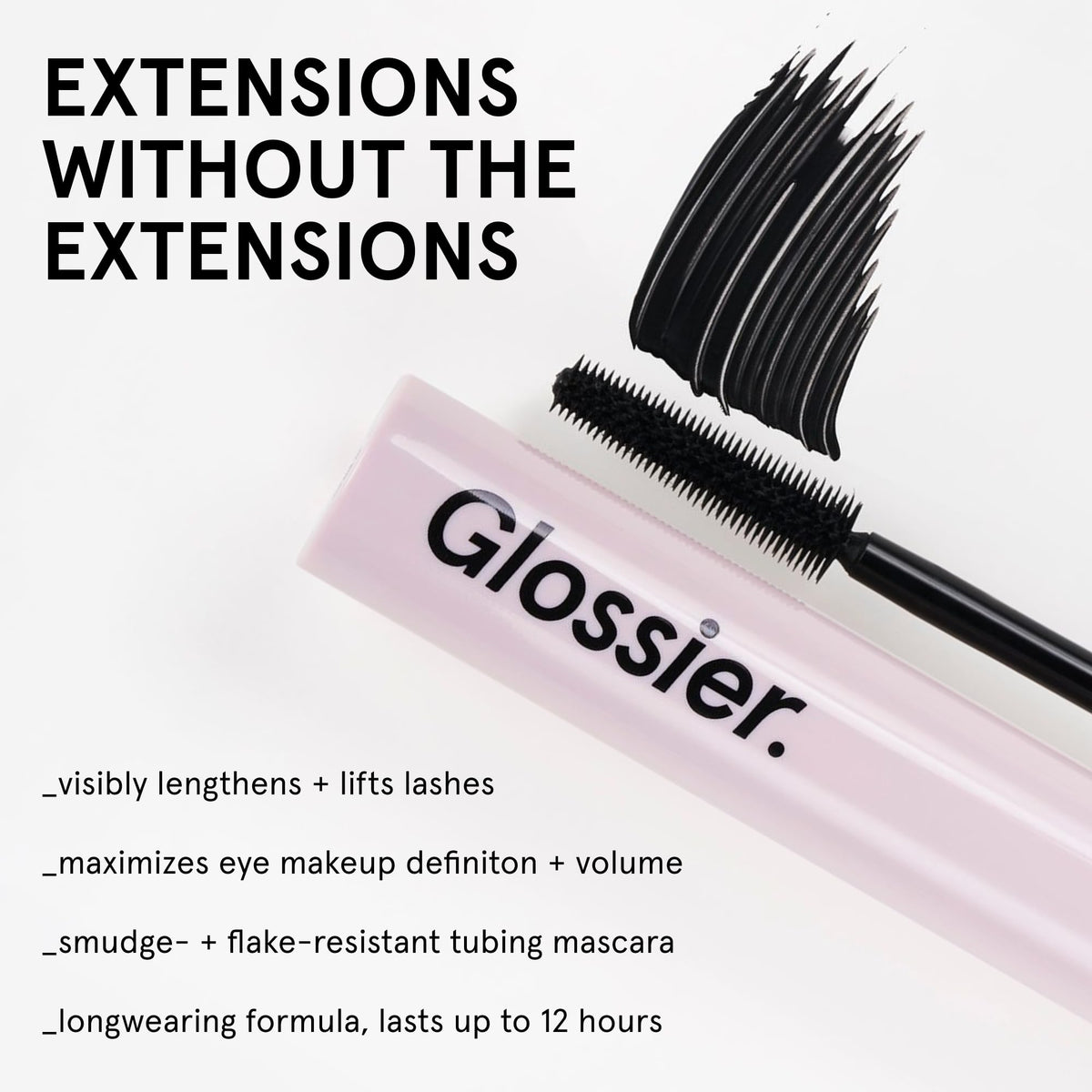 Glossier Lash Slick wand close-up displaying tapered comb for precise, clump-free application