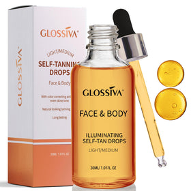 Glossiva front packaging bottle showing compact glass dropper and label benefit