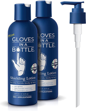 Gloves In A Bottle front dispenser showing bottle and pump for easy access