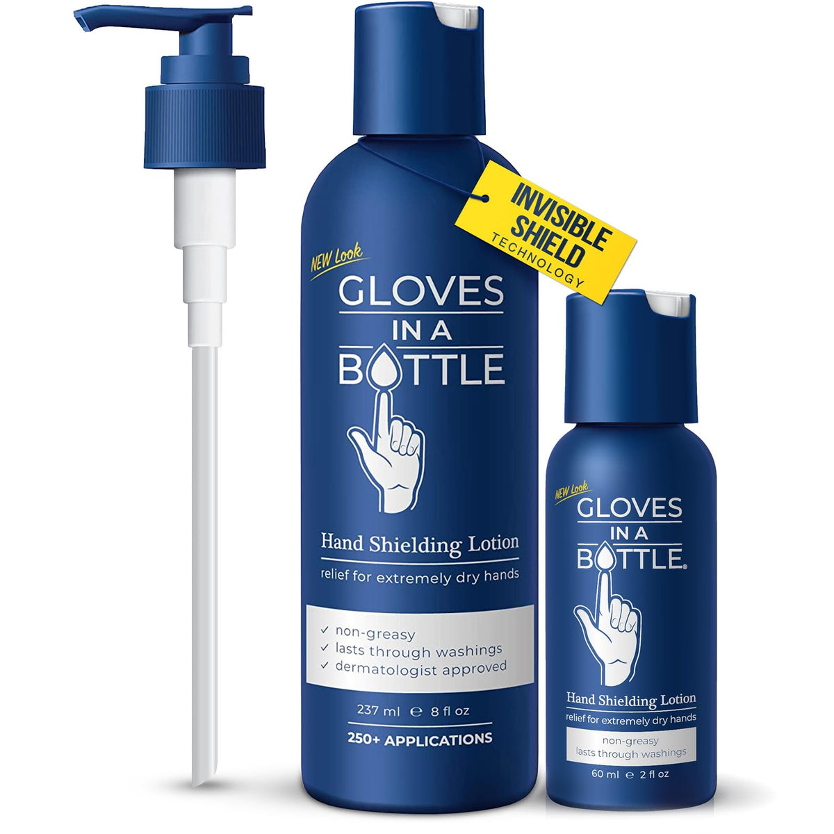 Gloves In A Bottle front packaging showing sizes and protective benefit