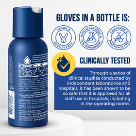 Applying Gloves In A Bottle to hands, brand providing non-greasy hydration on the go