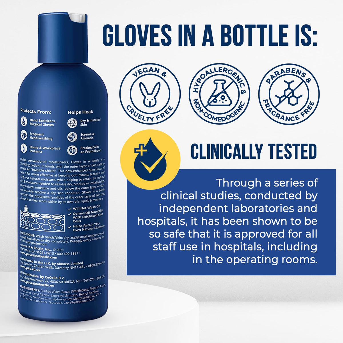 Gloves In A Bottle on salon counter showing professional use and long-lasting hydration