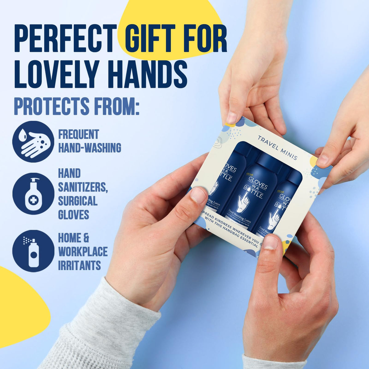 Gloves In A Bottle beside smartphone for size comparison, brand highlights portability