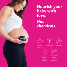 Glow Organics being applied to pregnant belly offering soothing comfort and elasticity