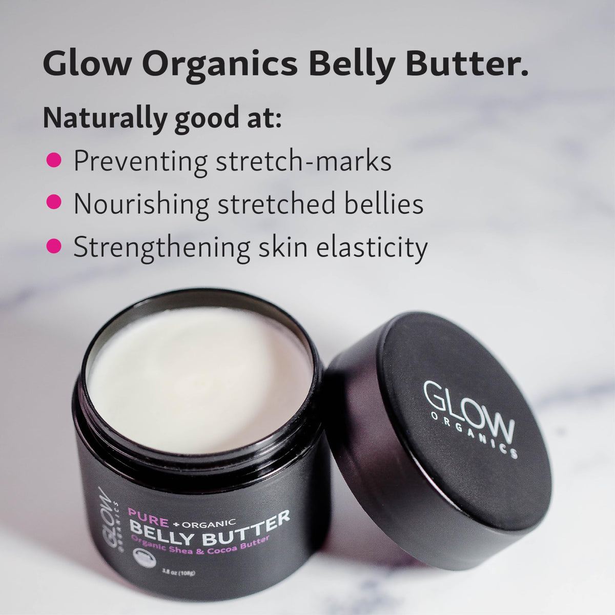 Glow Organics ingredient flatlay with shea cocoa oils highlighting organic simplicity