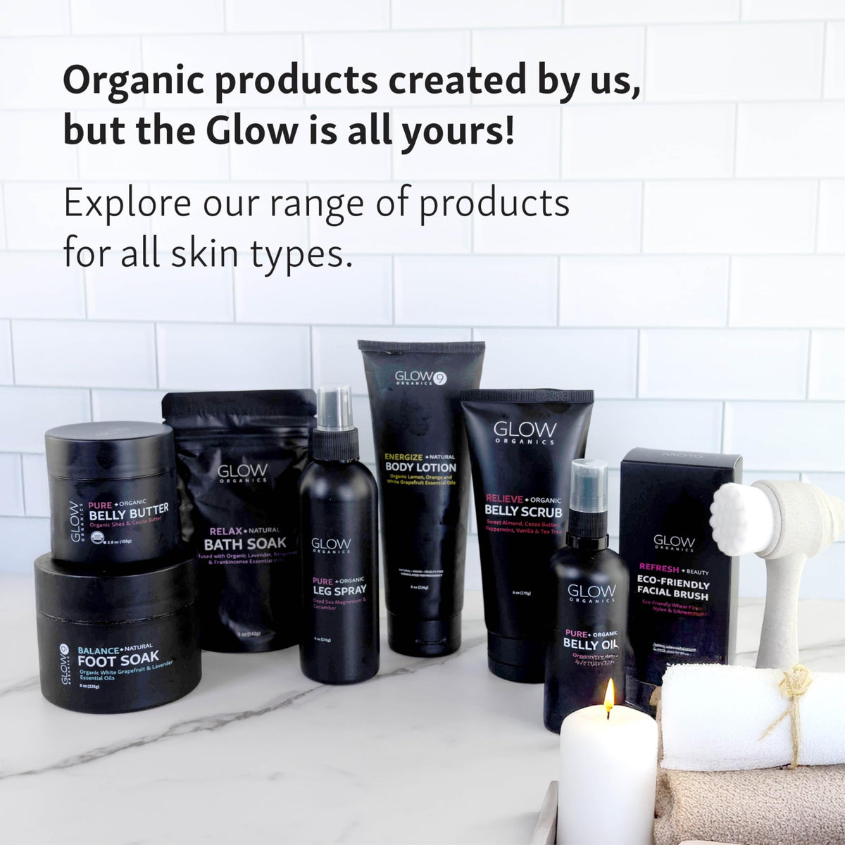 Glow Organics lifestyle bathroom scene portraying calming ritual and daily self-care