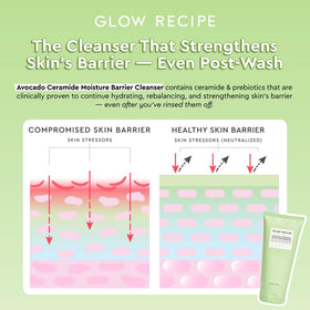 Glow Recipe ingredient label close-up listing ceramides, oatmeal, hyaluronic acid