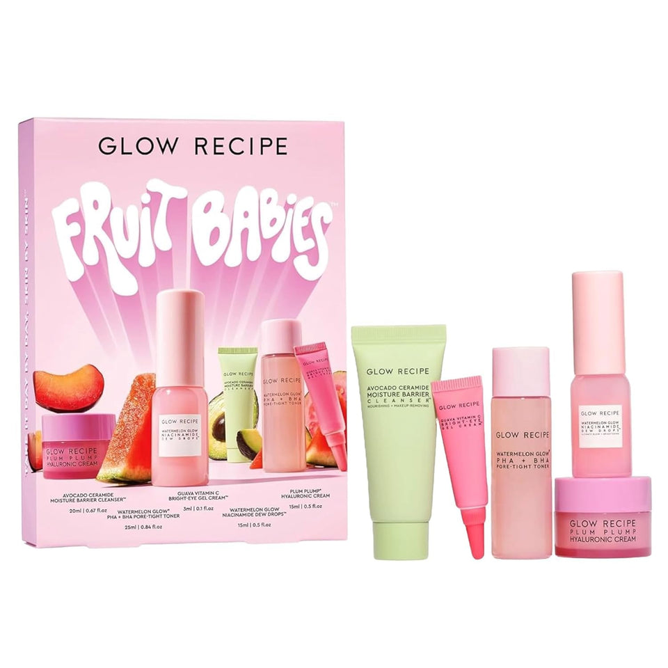 Glow Recipe front packaging of the Fruit Babies travel gift set showing five minis and benefits