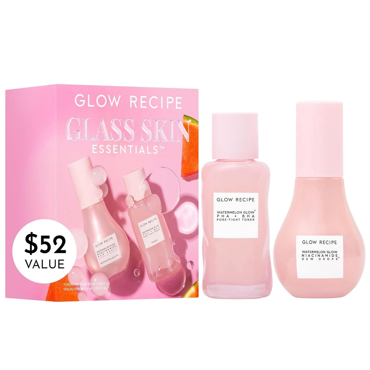 Glow Recipe kit front packaging showing both travel-size bottles and benefits
