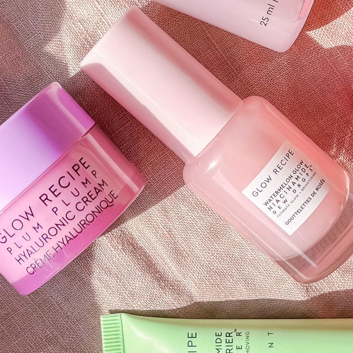 Glow Recipe Fruit Babies kit styled on a bathroom shelf to show everyday lifestyle use
