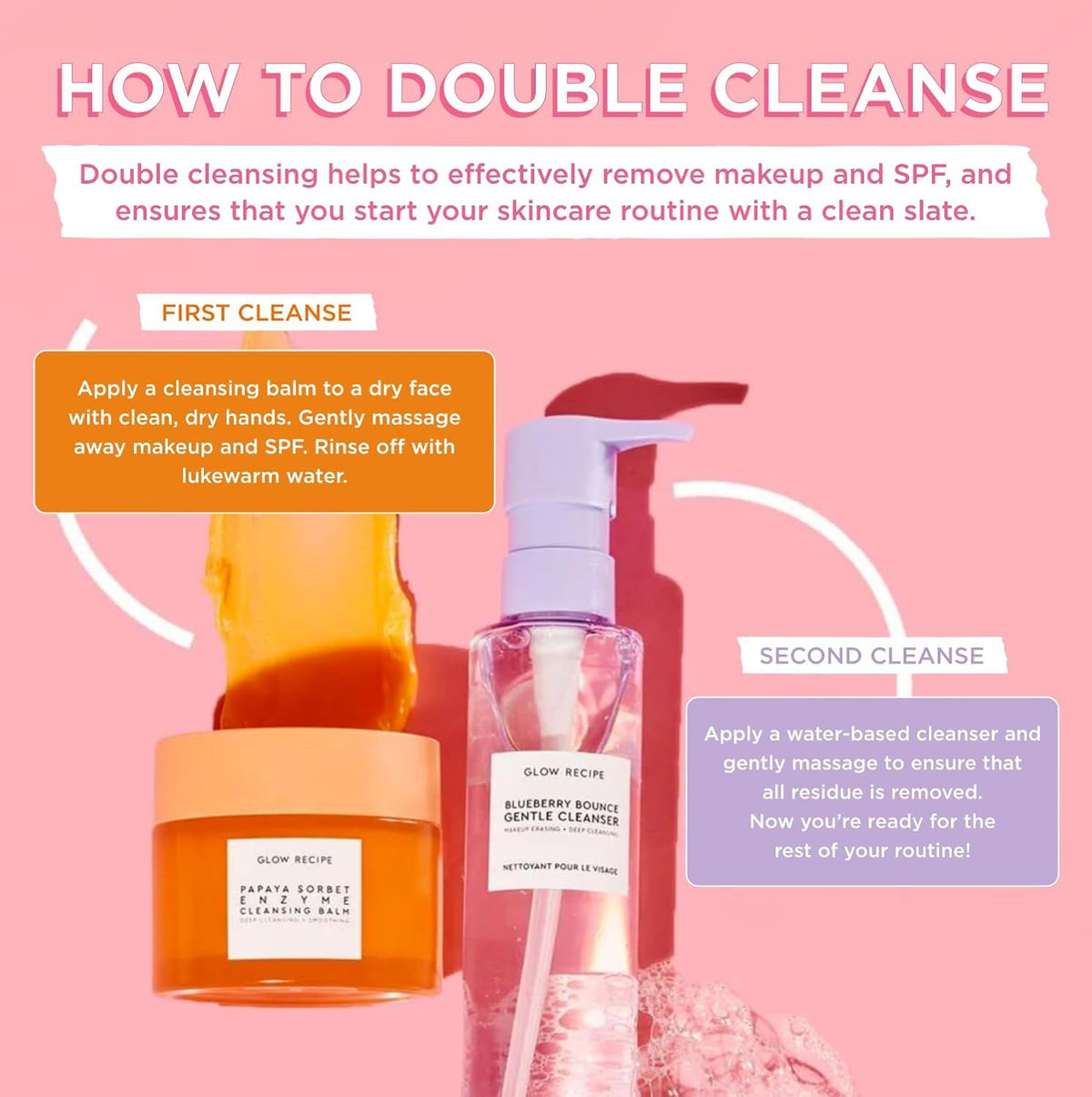 Glow Recipe step-by-step use demo showing fast makeup removal benefit