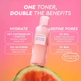 Glow Recipe Pride toner bottle beside watermelon slice emphasizing watermelon extract hydration
