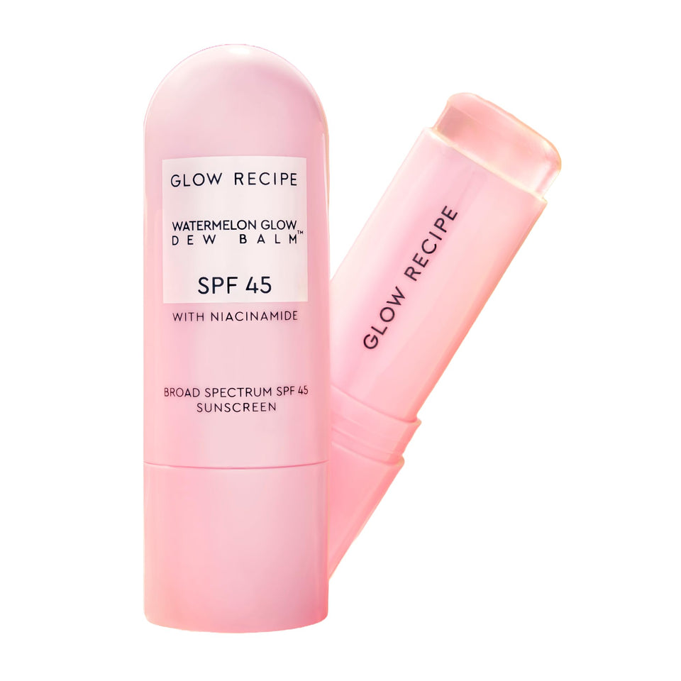 Glow Recipe stick front packaging showing SPF 45 and travel size benefit