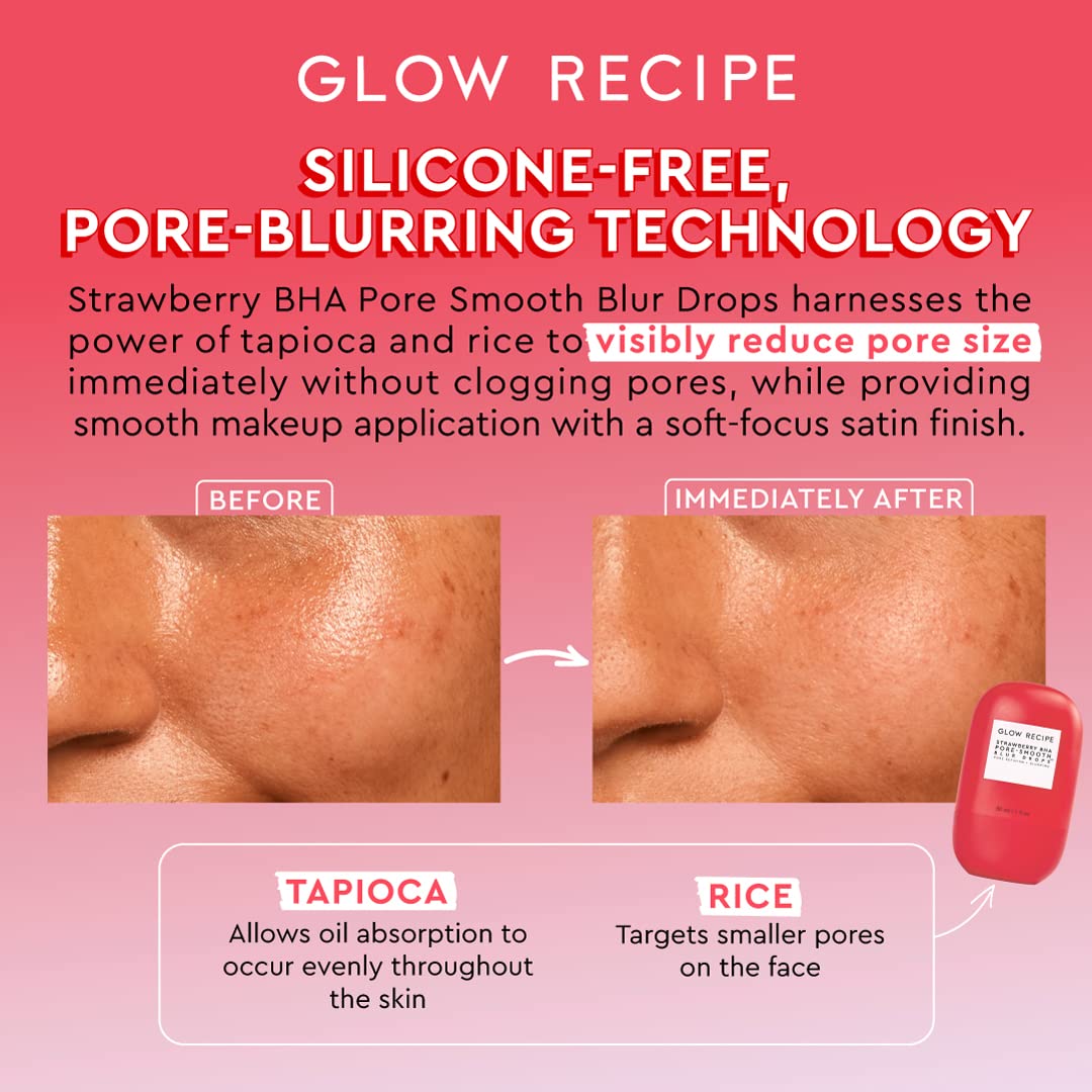 Glow Recipe ingredient display featuring tapioca, rice, and strawberry leaf benefits