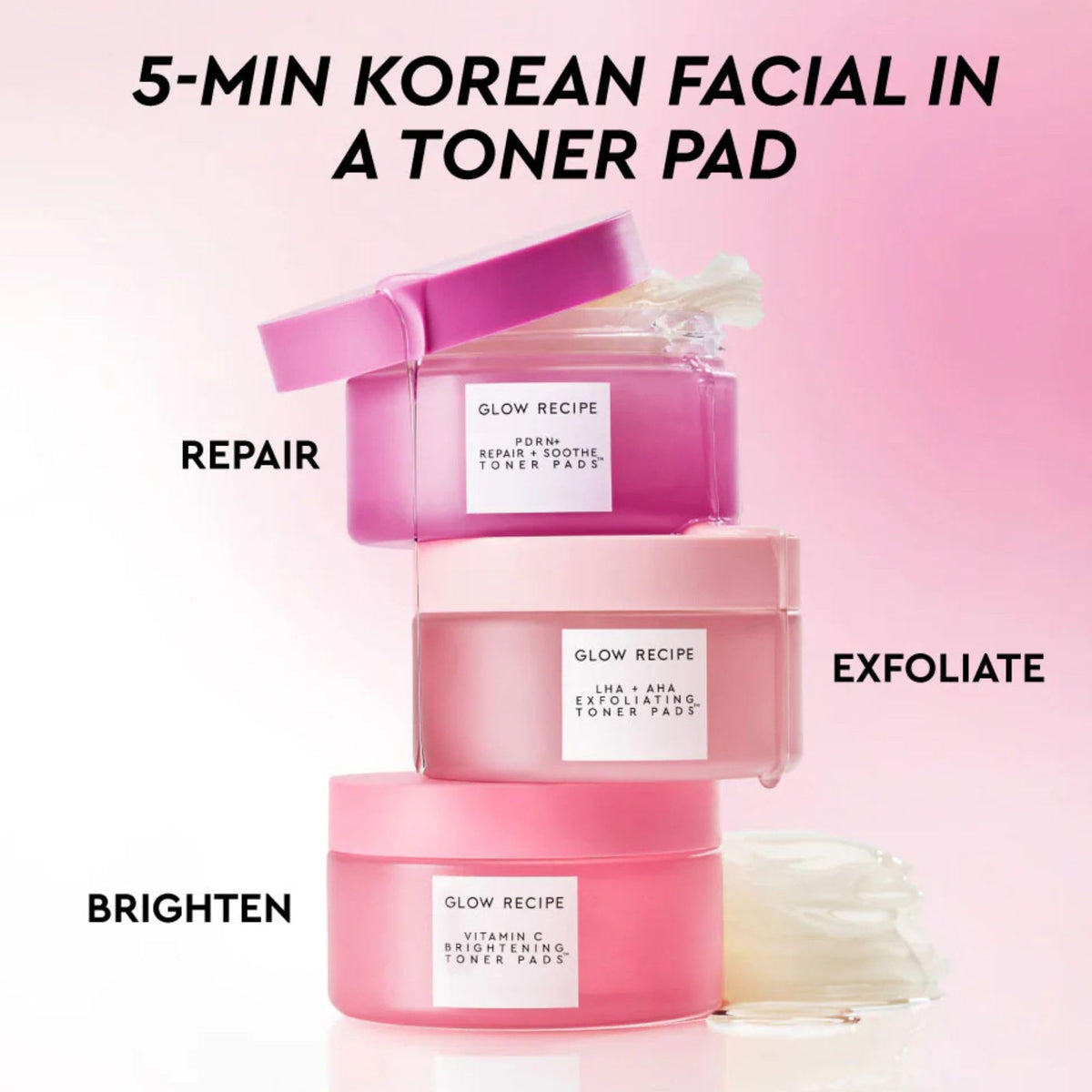 Glow Recipe sachets laid out to compare exfoliating, soothing, brightening formulas