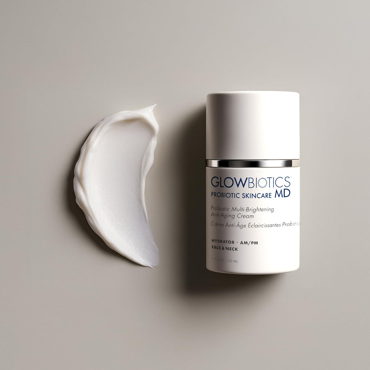 Glowbiotics lotion applied on model's cheek showing reduced redness and dewy finish