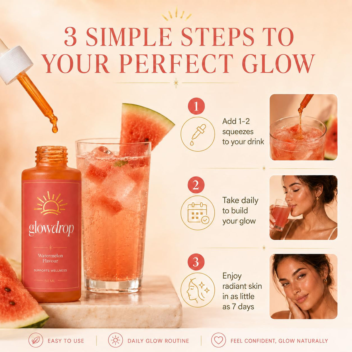 glowdrop bottle in hand to show compact 50ml size and travel convenience
