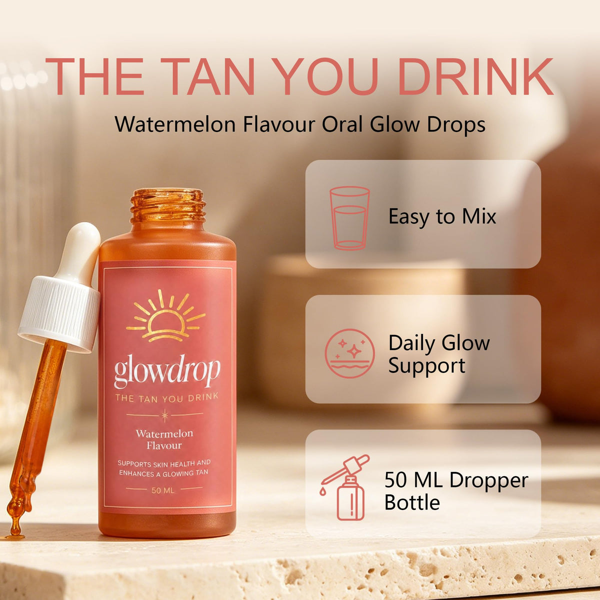 glowdrop bottle in hand demonstrating 50ml scale and portability benefit