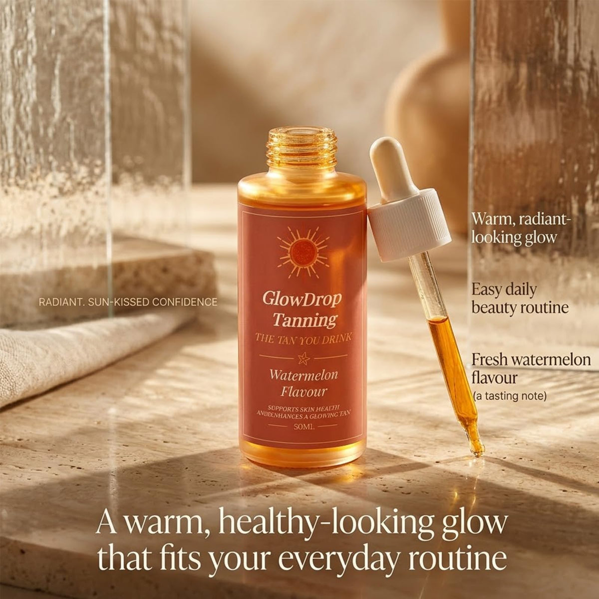 GlowDrop dropper close-up reveals smooth liquid texture and precise dosing benefit