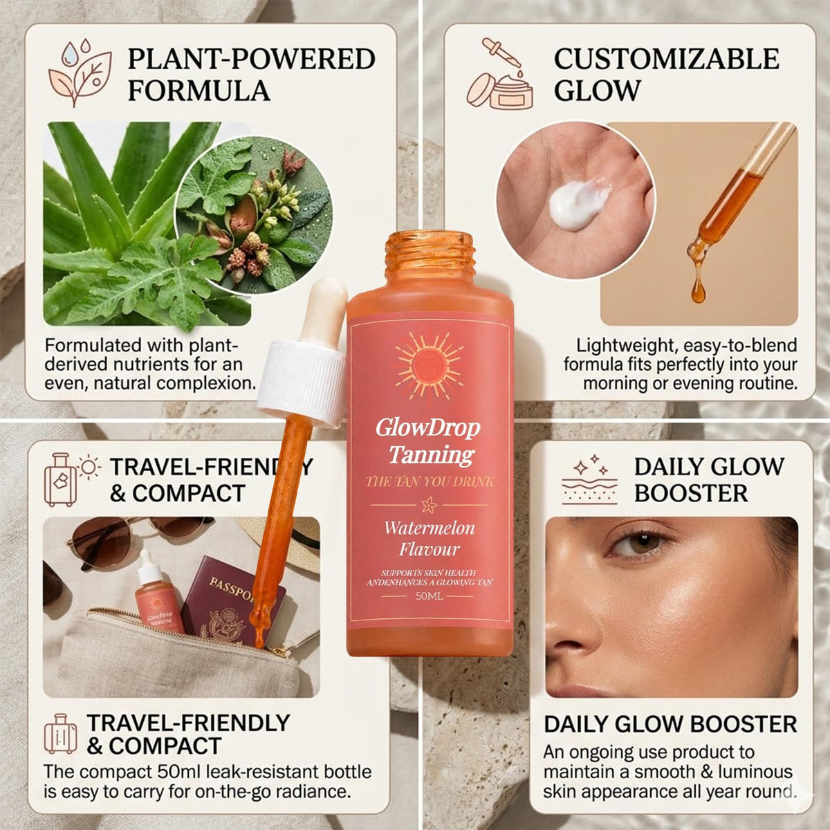 GlowDrop label detail showing botanical ingredients and transparency benefit