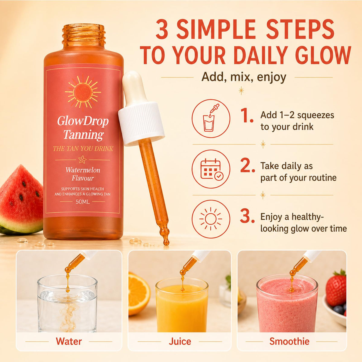 GlowDrop bottle in beach bag lifestyle scene conveying summer-ready tone benefit