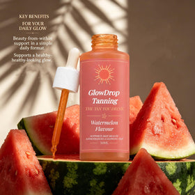 GlowDrop small bottle inside travel pouch highlighting portability and on-the-go glow benefit