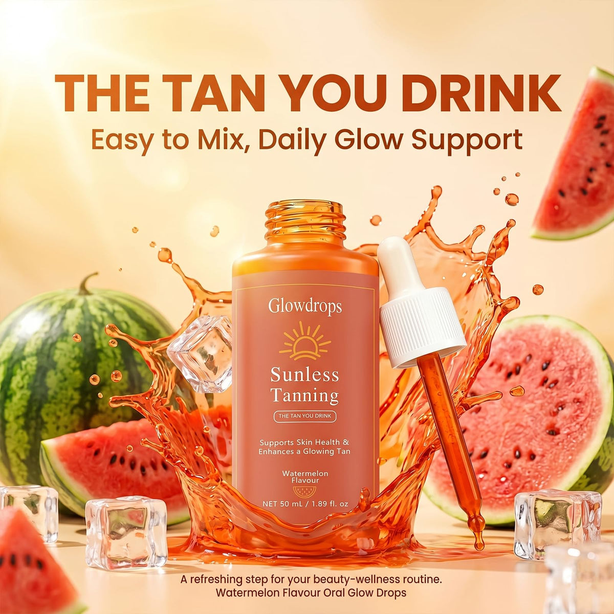 GlowDrops bottle close-up emphasizing brand logo and portable design benefit