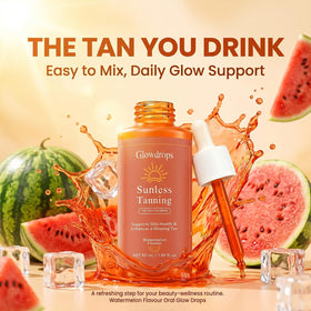GlowDrops bottle close-up emphasizing brand logo and portable design benefit