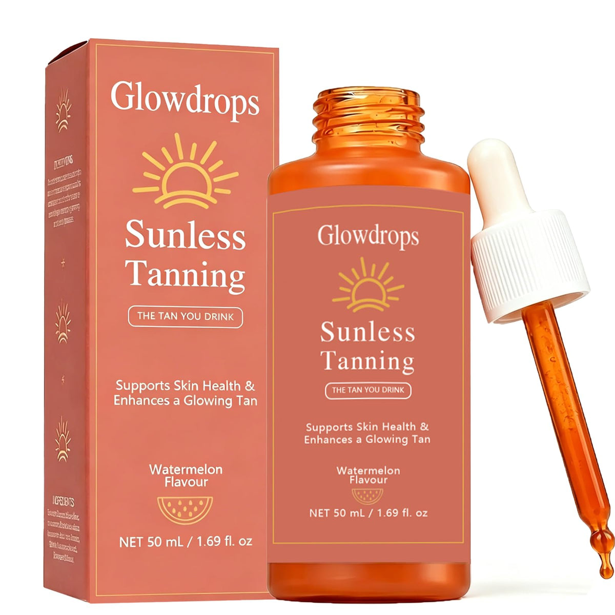 GlowDrops front packaging showing bottle and cap, promoting easy travel use