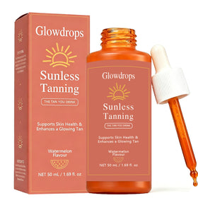 GlowDrops front packaging showing bottle and cap, promoting easy travel use