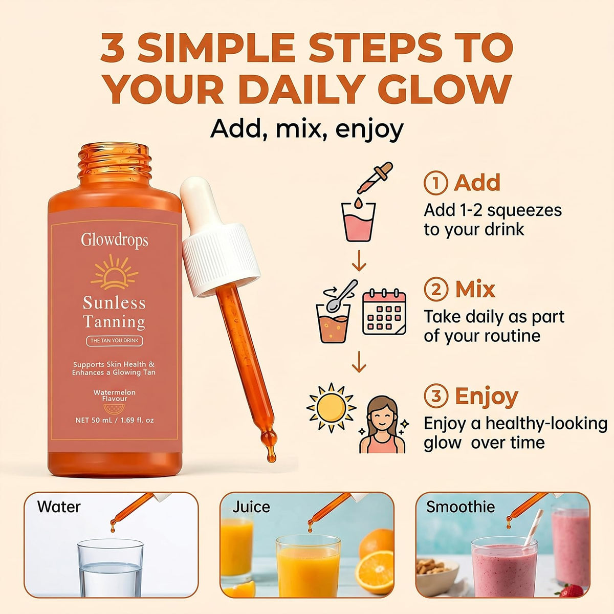 GlowDrops beside a smartphone for size comparison, illustrating compact 50ml bottle