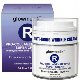 Glowmedik front packaging showing the retinol cream and brand benefit