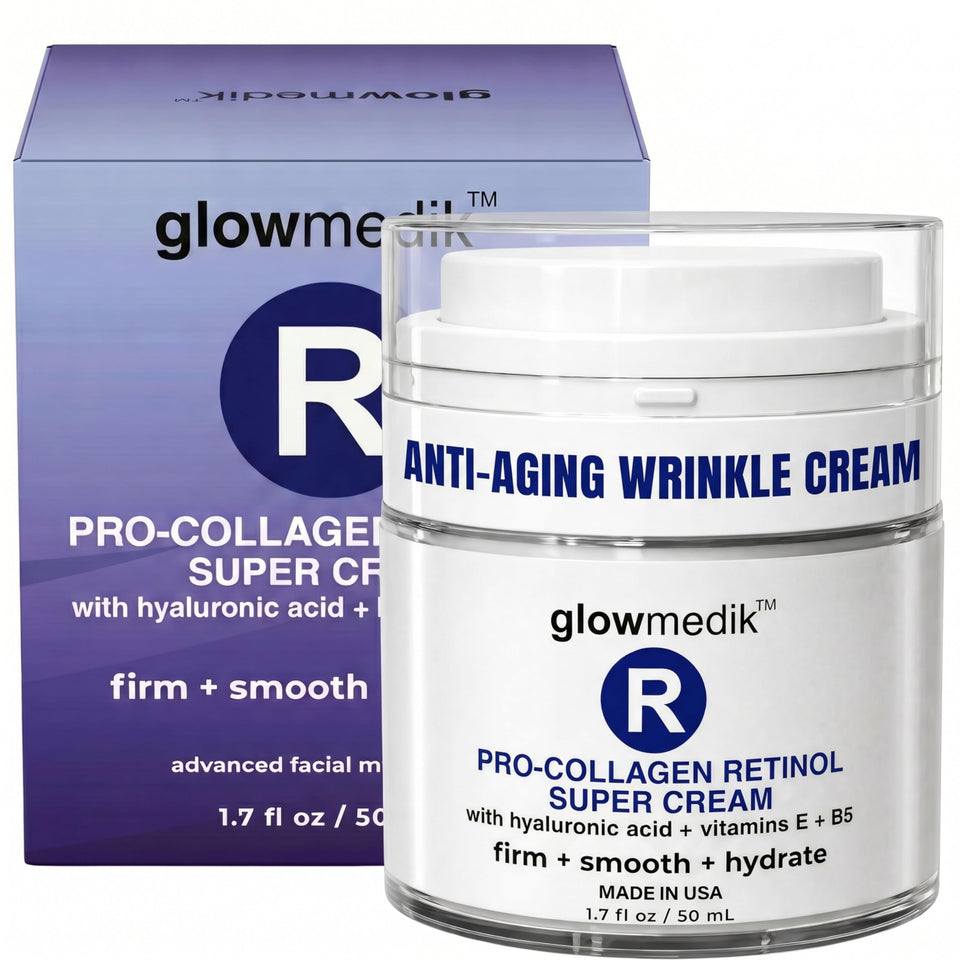 Glowmedik front packaging showing the retinol cream and brand benefit
