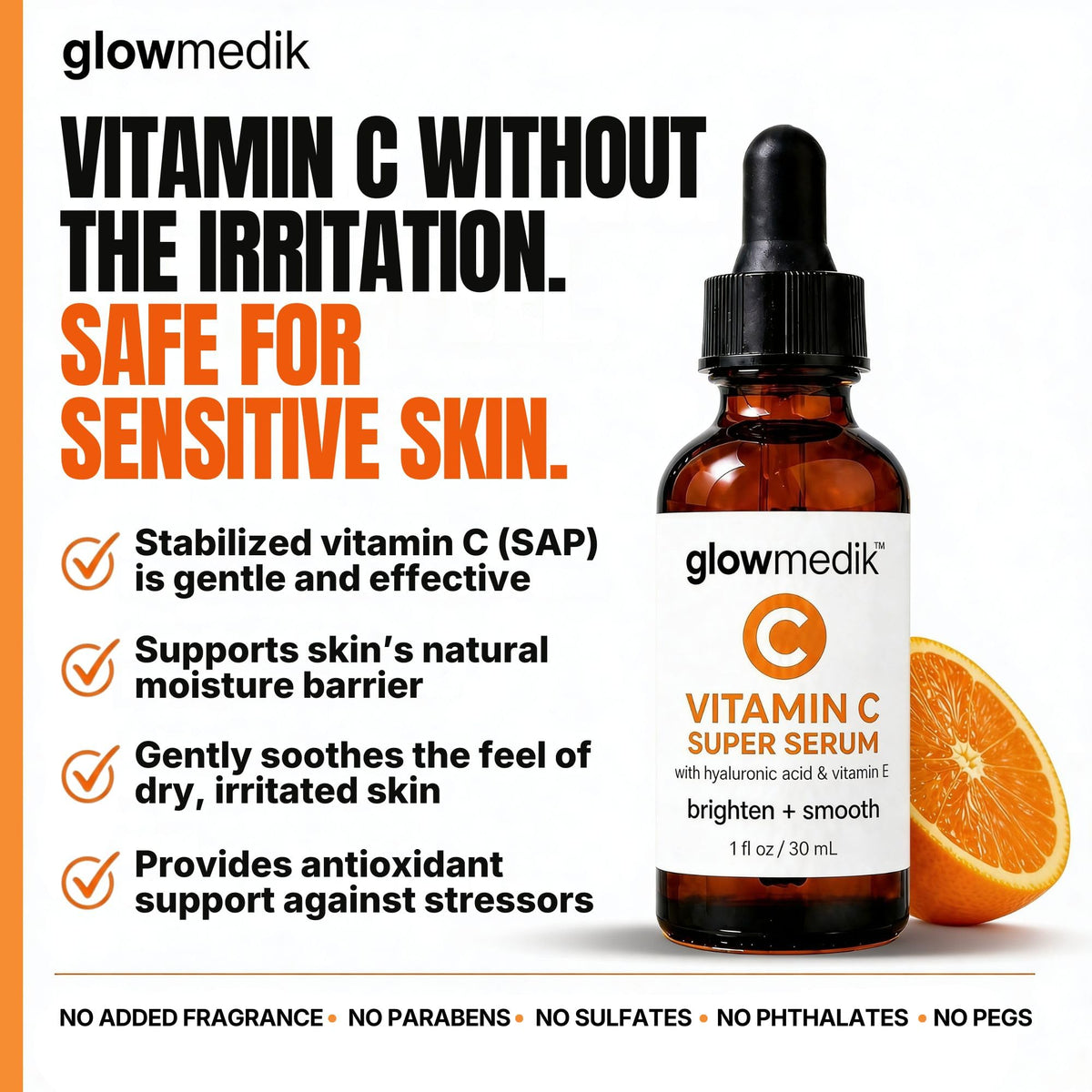 Glowmedik label detail showing key ingredients and clean, fragrance-free claim