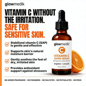 Glowmedik label detail showing key ingredients and clean, fragrance-free claim
