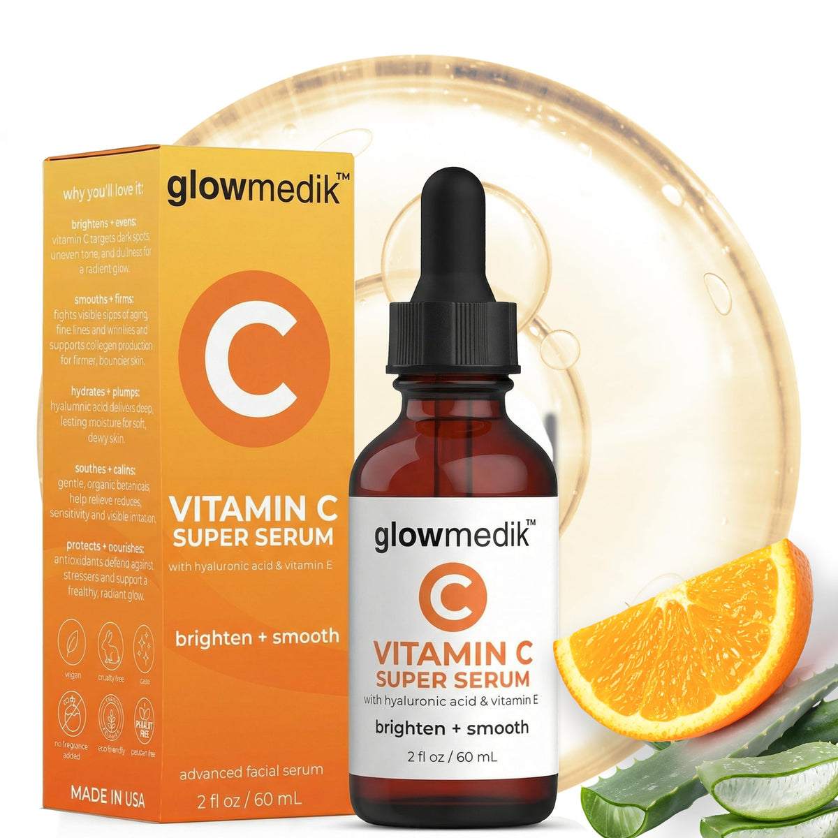 GlowMedik front packaging showing bottle and cap, clear branding and benefits