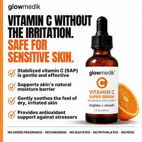 GlowMedik product label and ingredients panel, highlighting stabilized vitamin C