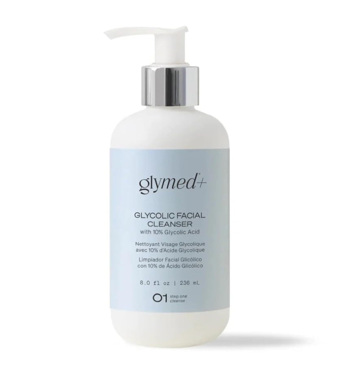 GlyMed Plus front bottle showing clear label and 8 oz size for daily cleansing
