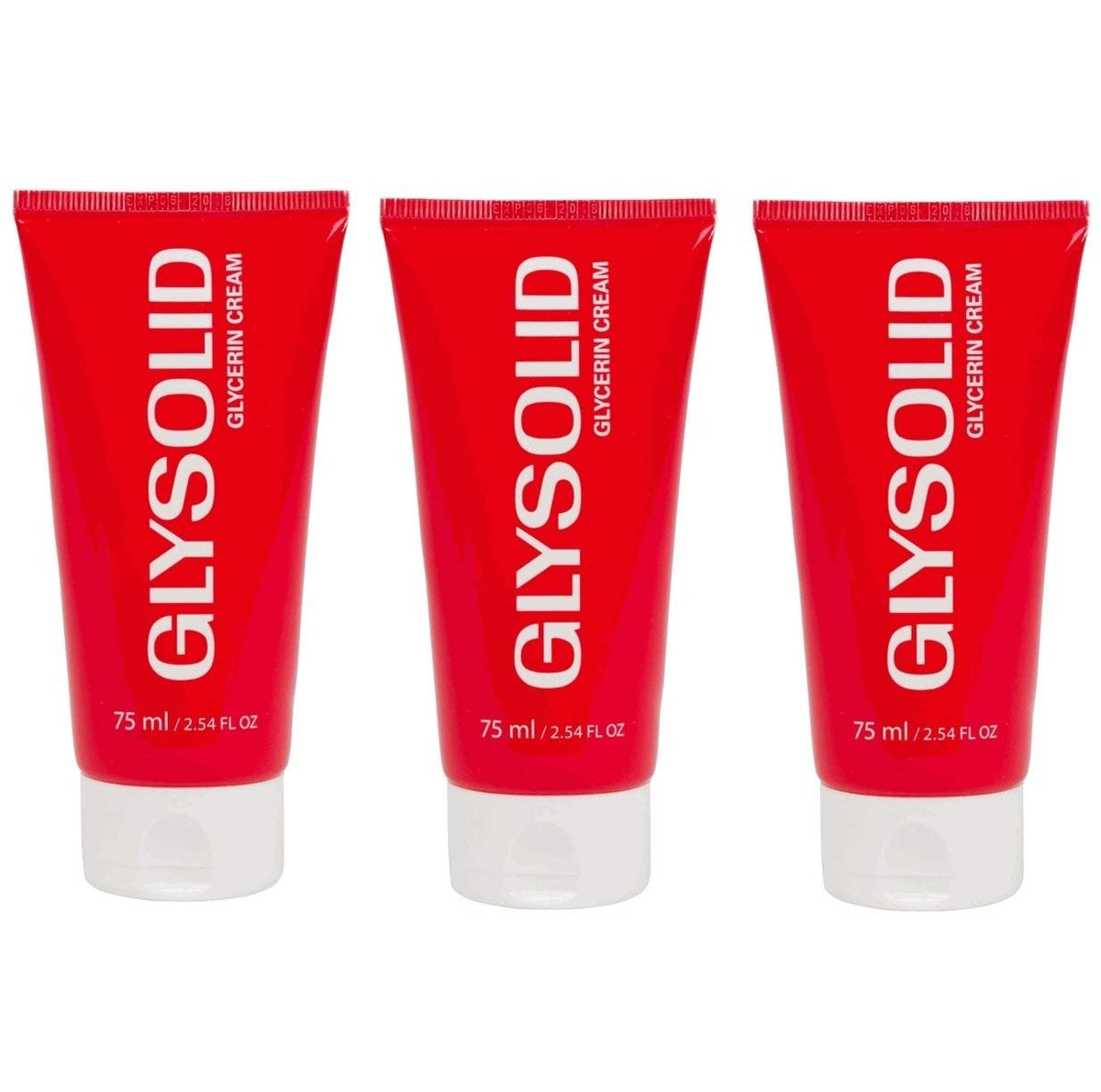 Glysolid front packaging three-pack tube set showing travel size convenience