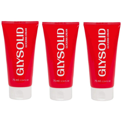 Glysolid front packaging three-pack tube set showing travel size convenience