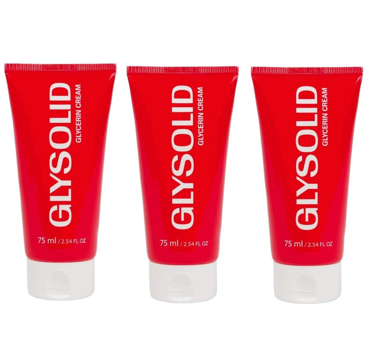 Glysolid front packaging three-pack tube set showing travel size convenience
