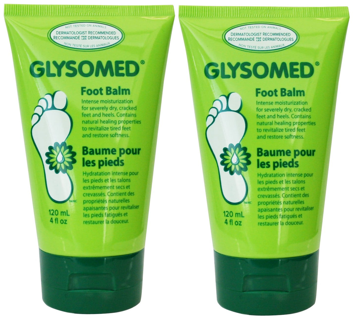 Glysomed front packaging showing two 120 mL tubes and product benefits for soft feet