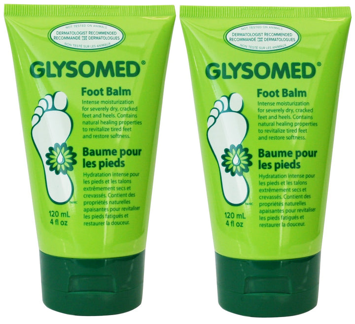 Glysomed front packaging showing two 120 mL tubes and product benefits for soft feet